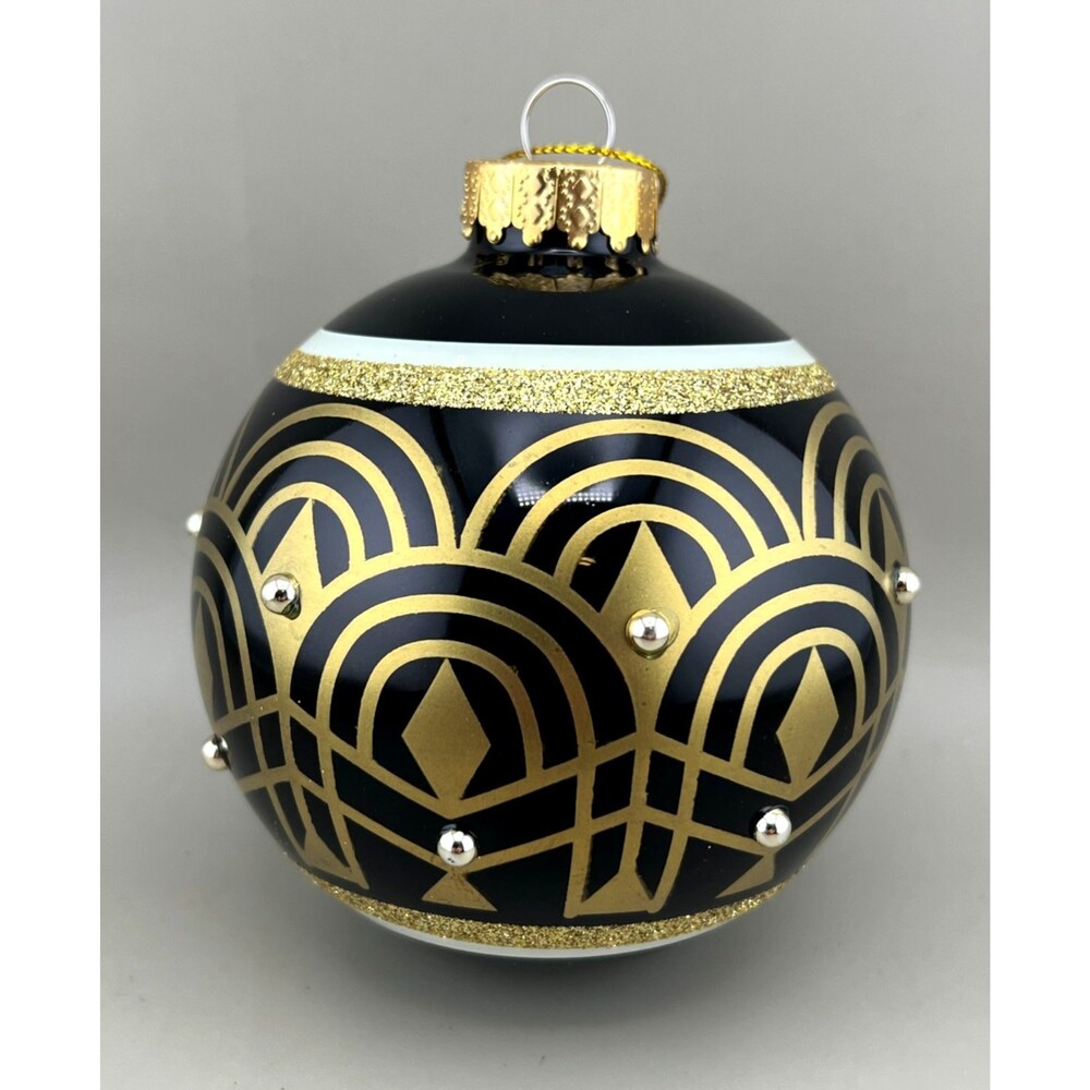 NWT Holiday Lane Art Deco Black Gold 4" Glass Ball Ornament Studded Glitter Xmas